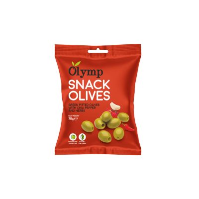 Olymp Snack Olives - Pitted Green olives with chili pepper and herbs 70g